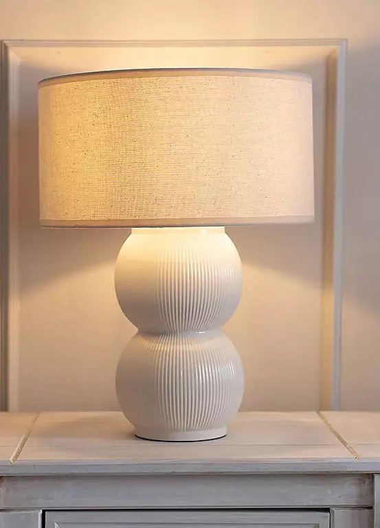 ValueLights Gemma Cream Stacked Ribbed Ceramic Table Lamp with Linen Shade