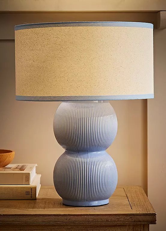 ValueLights Gemma Blue Stacked Ribbed Ceramic Table Lamp with Linen Drum Shade