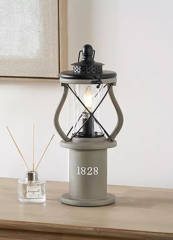 Antique Wood Lantern Table Lamp in Grey