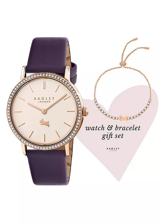 Radley London 18ct Rose Gold Plated Purple Leather Strap Watch and Dog Charm Bracelet Gift Set RY21806A-SET
