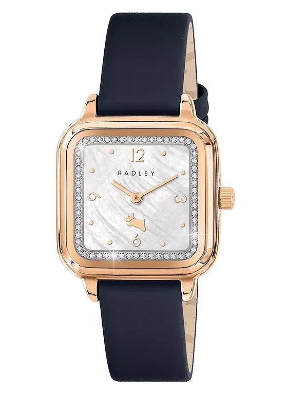 Radley Rose Gold Plated 28mm Square Watch with Mother of Pearl Dial and Dark Blue Leather Strap