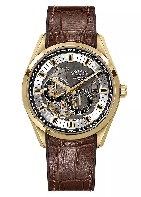 Rotary Seamatic Eclipse Gold Plated Stainless Steel Watch with Brown Leather Strap