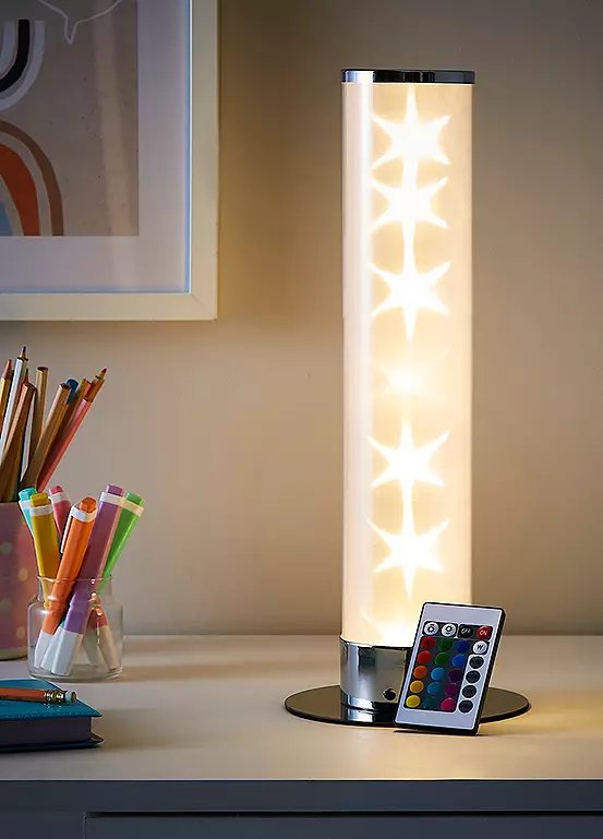 Glow Galaxy 16 Remote Control Colour Changing Cylinder Table Lamp, White