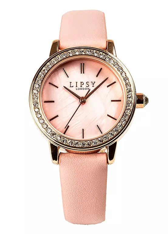 Lipsy Pink Strap Watch with Pink Marble Dial and Diamante Bezel