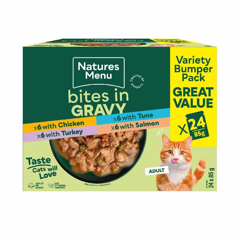 Nature's Menu Bites in Gravy Adult Cat Wet Food Multipack - 24 x 85g Pouches