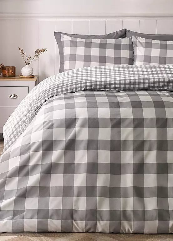 OHS Gingham Reversible Duvet Cover Set with Pillowcase, Grey - Single Size
