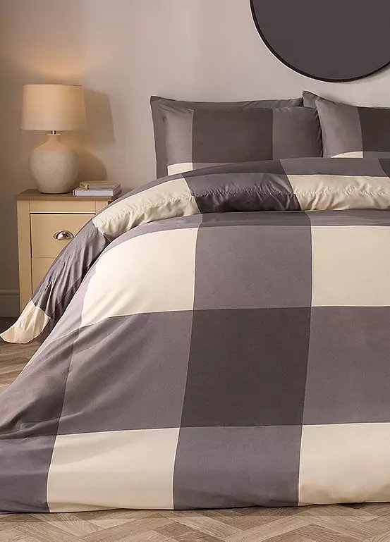 OHS Gingham Check Duvet Cover Set Reversible Grey Double