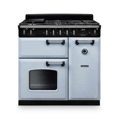 Rangemaster Classic 90cm Dual Fuel Range Cooker in Misty Blue/Chrome