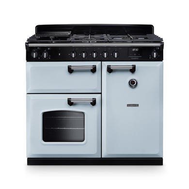 Rangemaster Classic 100cm Dual Fuel Range Cooker in Misty Blue with Chrome