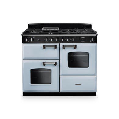 Rangemaster Classic 110cm Dual Fuel Range Cooker in Misty Blue/Chrome, 160L Capacity