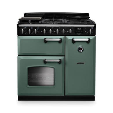 Rangemaster Classic Deluxe 90cm Dual Fuel Range Cooker in Mineral Green with Chrome Trim