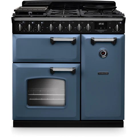 Rangemaster Classic Deluxe 90cm Dual Fuel Range Cooker in Stone Blue with Chrome Trim