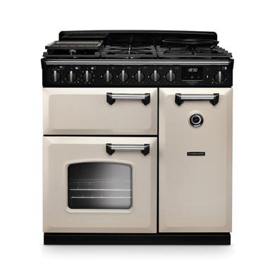 Rangemaster Classic Deluxe 90cm Dual Fuel Range Cooker in Pale Cream with Chrome Trim