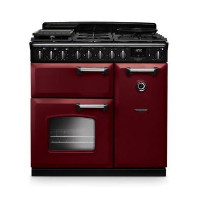 Rangemaster Classic Deluxe 90cm Dual Fuel Range Cooker in Bordeaux with Chrome Trim
