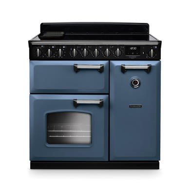 Rangemaster Classic Deluxe 90cm Range Cooker with Induction Hob in Stone Blue with Chrome Trim