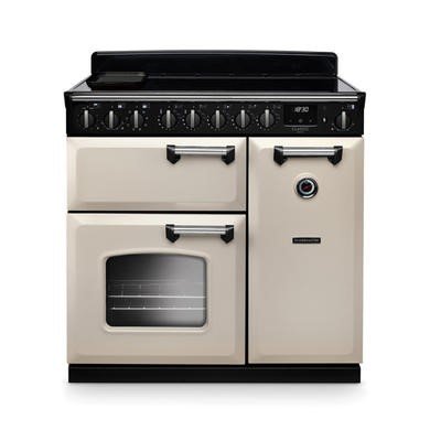 Rangemaster Classic Deluxe 90cm Dual Fuel Range Cooker in Pale Cream with Chrome Trim
