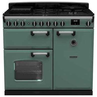 Rangemaster Classic Deluxe 100cm Dual Fuel Range Cooker in Mineral Green with Chrome Trim