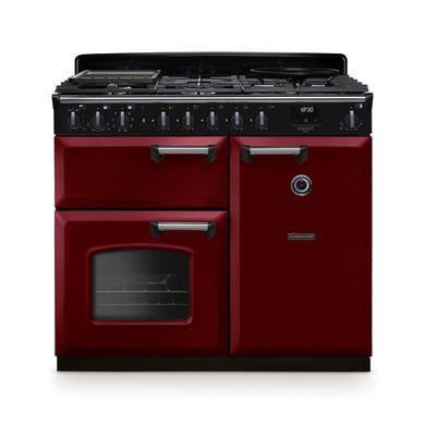 Rangemaster Classic Deluxe 100cm Dual Fuel Range Cooker in Bordeaux with Chrome Trim