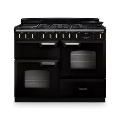 Rangemaster Classic Deluxe 110cm Dual Fuel Range Cooker in Gloss Black with Chrome Trim