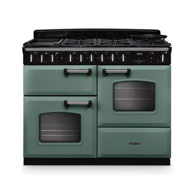 Rangemaster Classic Deluxe 110cm Dual Fuel Range Cooker in Mineral Green with Chrome Trim