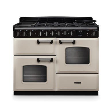 Rangemaster Classic Deluxe 110cm Dual Fuel Range Cooker in Cream with Chrome Trim
