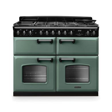 Rangemaster Classic Deluxe 110cm Dual Fuel Range Cooker in Mineral Green with Chrome Trim