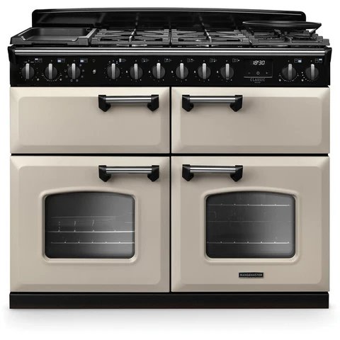 Rangemaster Classic Deluxe 110cm Dual Fuel Range Cooker in Pale Cream with Chrome Trim