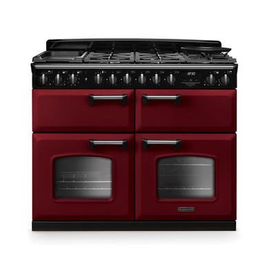 Rangemaster Classic Deluxe 110cm Dual Fuel Range Cooker in Bordeaux with Chrome Trim