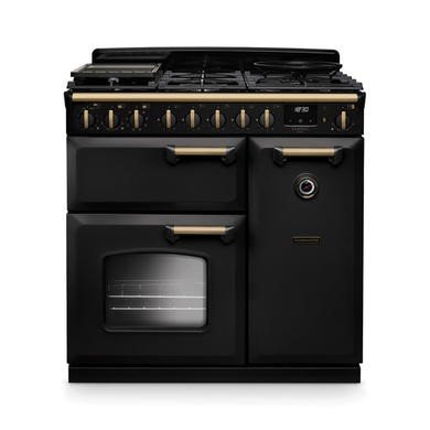Rangemaster Classic Deluxe 90cm Dual Fuel Range Cooker - Charcoal Black with Antique Brass Trim