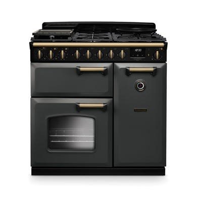 Rangemaster Classic Deluxe 90cm Dual Fuel Range Cooker in Slate with Antique Brass Trim