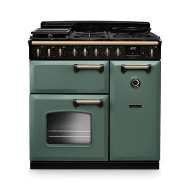 Rangemaster Classic Deluxe 90cm Dual Fuel Range Cooker in Mineral Green with Antique Brass Trim