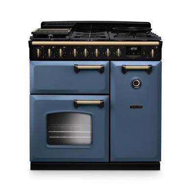 Rangemaster Classic Deluxe 90cm Dual Fuel Range Cooker in Stone Blue with Antique Brass Trim