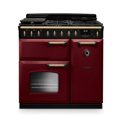 Rangemaster Classic Deluxe 90cm Dual Fuel Range Cooker in Bordeaux with Antique Brass Trim