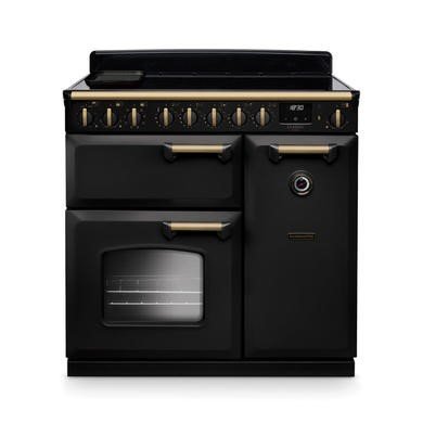 Rangemaster Classic Deluxe 90cm Induction Range Cooker in Charcoal Black with Antique Brass Trim