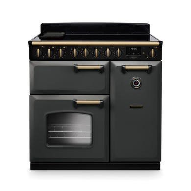 Rangemaster Classic Deluxe 90cm Dual Fuel Range Cooker in Slate with Antique Brass Trim