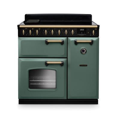 Rangemaster Classic Deluxe 90cm Dual Fuel Range Cooker in Mineral Green with Antique Brass Trim