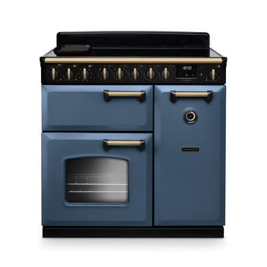 Rangemaster Classic Deluxe 90cm Dual Fuel Range Cooker in Stone Blue with Antique Brass Trim