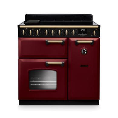 Rangemaster Classic Deluxe 90cm Dual Fuel Range Cooker in Bordeaux with Antique Brass Trim