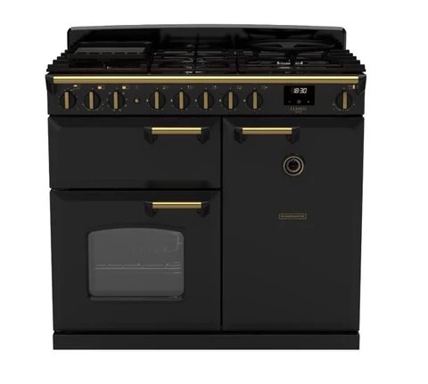 Rangemaster Classic Deluxe 100cm Dual Fuel Range Cooker in Charcoal Black with Antique Brass Trim