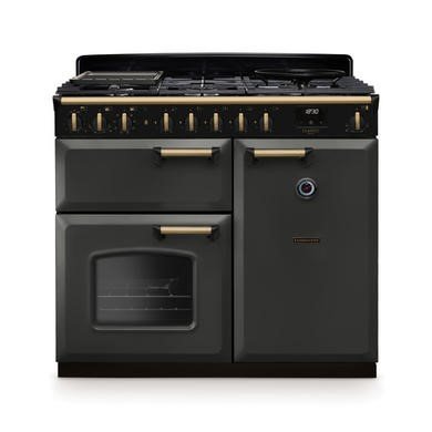 Rangemaster Classic Deluxe 100cm Dual Fuel Range Cooker in Slate with Antique Brass Trim