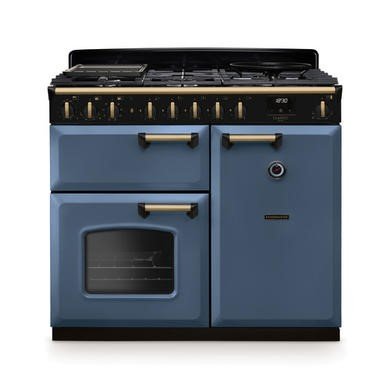 Rangemaster Classic Deluxe 100cm Dual Fuel Range Cooker in Stone Blue with Antique Brass Trim