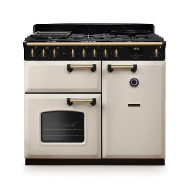 Rangemaster Classic Deluxe 100cm Dual Fuel Range Cooker in Pale Cream with Antique Brass Trim