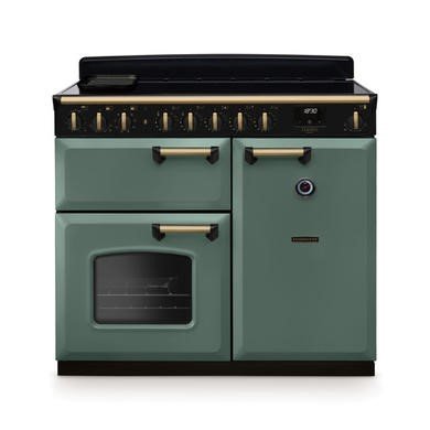 Rangemaster Classic Deluxe 100cm Induction Range Cooker in Mineral Green with Antique Brass Trim