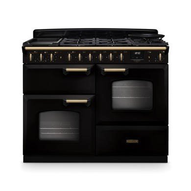 Rangemaster Classic Deluxe 110cm Dual Fuel Range Cooker - Gloss Black with Antique Brass Trim