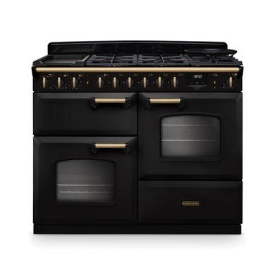 Rangemaster Classic Deluxe 110cm Dual Fuel Range Cooker in Charcoal Black with Antique Brass Trim