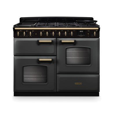 Rangemaster Classic Deluxe 110cm Dual Fuel Range Cooker in Slate with Antique Brass Trim