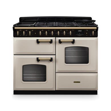Rangemaster Classic Deluxe 110cm Dual Fuel Range Cooker in Pale Cream with Antique Brass Trim