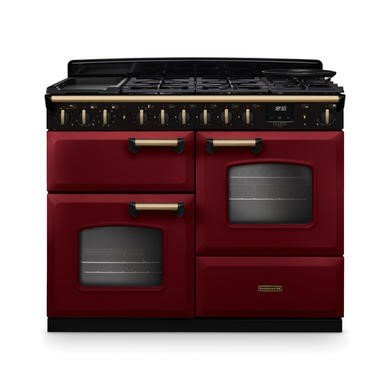 Rangemaster Classic Deluxe 110cm Dual Fuel Range Cooker in Bordeaux with Antique Brass Trim