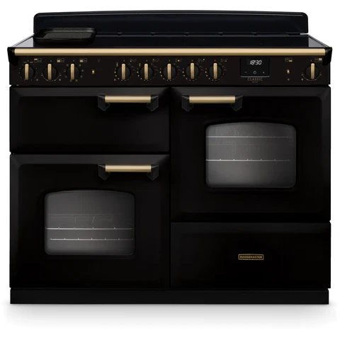 Rangemaster Classic Deluxe 110cm Dual Fuel Range Cooker - Gloss Black with Antique Brass Trim