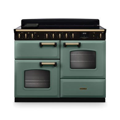 Rangemaster Classic Deluxe 110cm Induction Range Cooker in Mineral Green with Antique Brass Trim